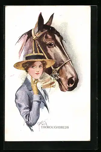 Künstler-AK Court Barber: Thoroughbreds, Hübsche Reiterin mit ihrem Pferd