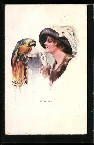 Künstler-AK Court Barber: Frau mit einem Papagei
