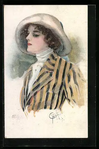 Künstler-AK Court Barber: Dame in gestreiften Anzug und Hut