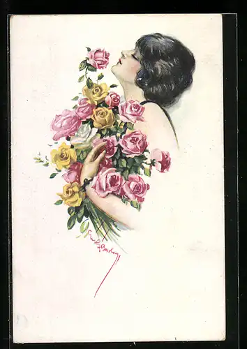Künstler-AK Court Barber: junge Dame mit Rosenstrauss