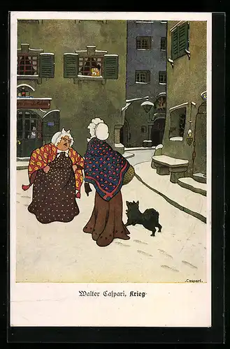Künstler-AK Walther Caspari: Krieg, Frauen unterhalten sich auf der Strasse
