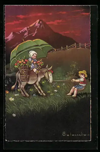 Künstler-AK E. Colombo: Junge zieht Mädchen auf einem Esel