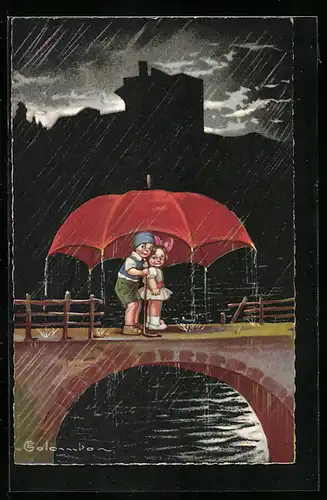 Künstler-AK E. Colombo: Kleines Paar unter grossem Regenschirm