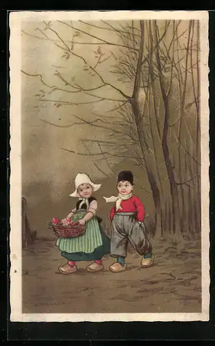 Künstler-AK E. Colombo: kleines Holländer-Paar beim Pilzesammeln