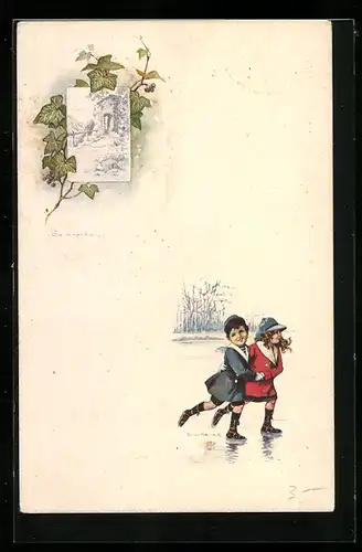 Künstler-AK E. Colombo: kleines Paar beim Eislaufen