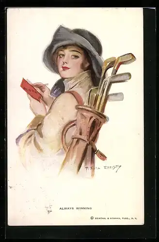 Künstler-AK F. Earl Christy: Always winning, Fräulein mit Golfset