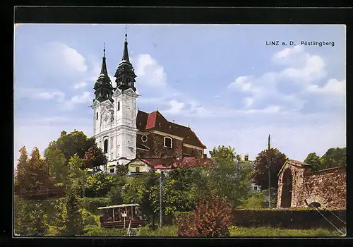 AK Linz a. D., Pöstlingberg mit Kirche und Bergbahn