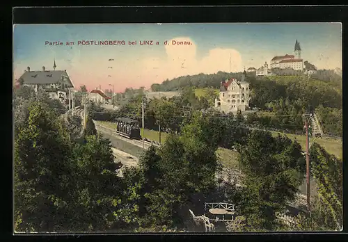 AK Linz a. d. Donau, Partie am Pöstlingberg mit Bergbahn