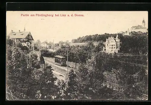 AK Linz a. d. Donau, Partie am Pöstlingberg mit Bergbahn