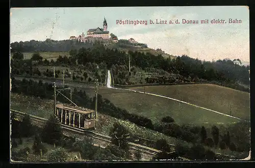 AK Linz a. d. Donau, Pöstlingberg mit elektrischer Bahn