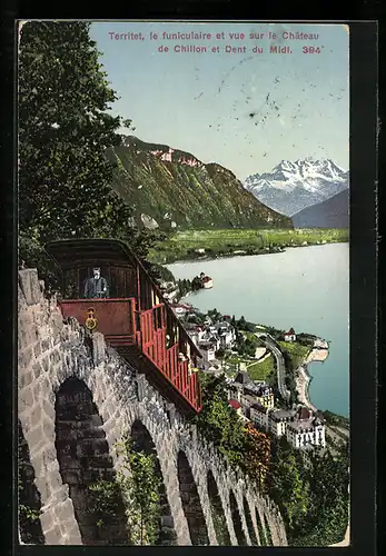AK Territet, Funiculaire et vue sur le Château de Chillon et Dent du Midi, Bergbahn