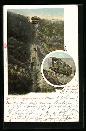 AK Bad Ems, Malbergbahn, Wagen der Bergbahn, Blick zur Bergstation