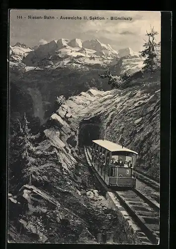 AK Niesen-Bergbahn fährt aus Tunnel, Ausweiche II. Sektion, Blümlisalp