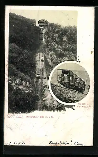 AK Bad Ems, Malbergbahn, Wagen der Bergbahn, Blick zur Bergstation