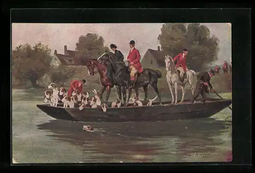 AK Jäger auf Pferden mit Hundemeute in einem Kahn