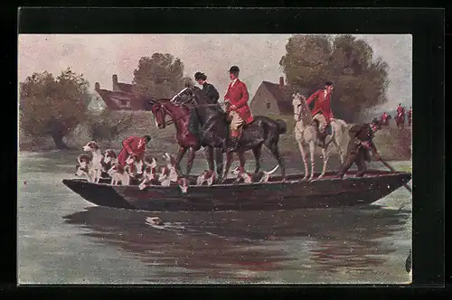 Künstler-AK Robert Kämmerer: Jagdgesellschaft setzt mit der Fähre über einen Fluss