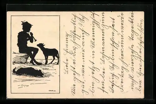 Künstler-AK Carus: Hirte spielt Flöte für Zicklein und Hund