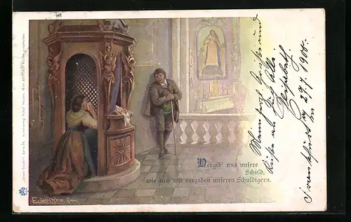 Künstler-AK E. Döcker: Unser Gebet - Vergib` uns unsere Schuld..., Beichtstuhl