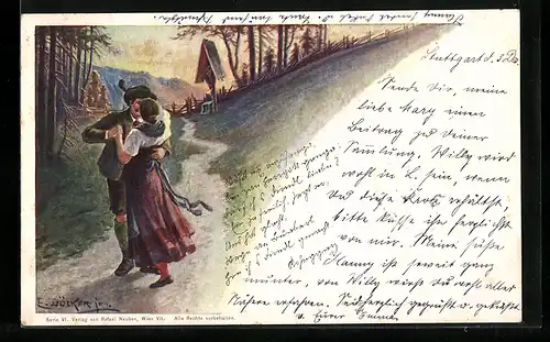 Künstler-AK E. Döcker: Liebespaar beim Kuss auf einem Weg