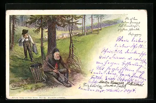 Künstler-AK E. Döcker: Alter Hirte und Hirtenjunge im Wald