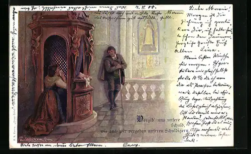 Künstler-AK E. Döcker: Frau kniend im Beichtstuhl