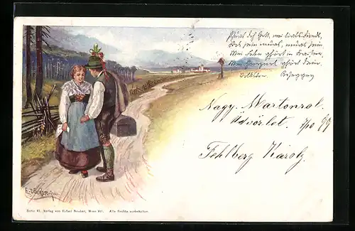 Künstler-AK E. Döcker: Wandernder Geselle verabschiedet sich von seinem Mädchen