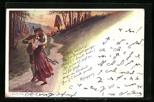 Künstler-AK E. Döcker: Tanzendes Paar bei Dämmerung auf dem Waldweg