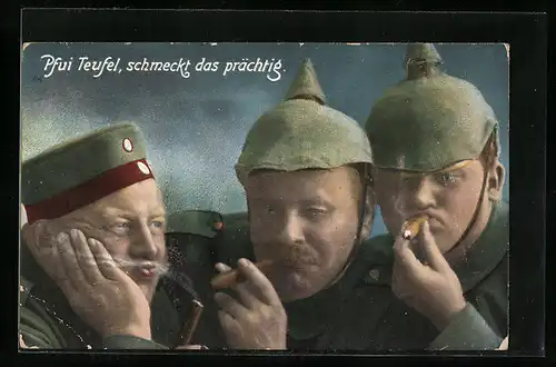 AK Drei Soldaten mit Zigarren schmeckt das prächtig