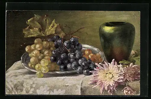 Künstler-AK M. Billing: hübsche angerichtete Weintrauben auf einem Tisch