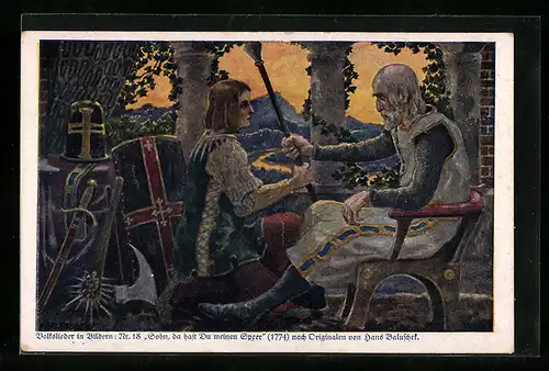 Künstler-AK Hans Baluschek: Volkslieder in Bildern, 18: Sohn, da hast Du meinen Speer