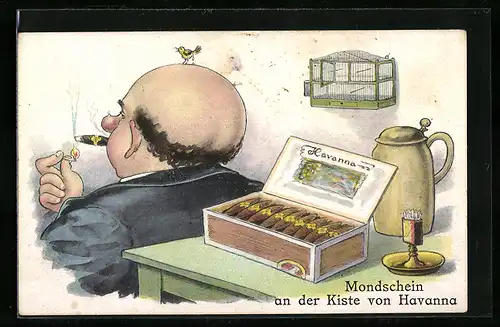 AK Herr raucht eine Zigarre, Mondschein an der Kiste von Havanna