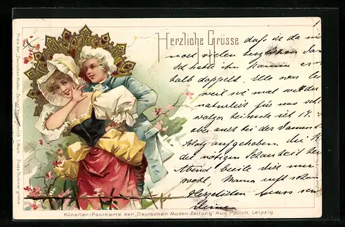 Lithographie Rokoko-Liebespaar beim Schäkern