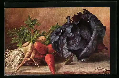Künstler-AK M. Billing: Salat neben Korb mit Rüben