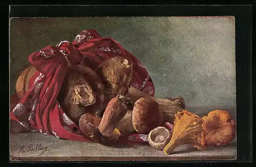 Künstler-AK M. Billing: ein Bündel mit Pilzen