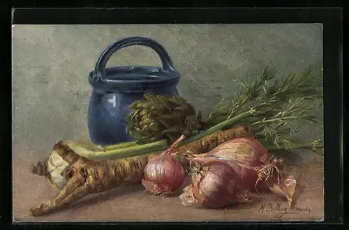 Künstler-AK M. Billing: Stilleben mit Zwiebeln, Fenchel und Artischocke