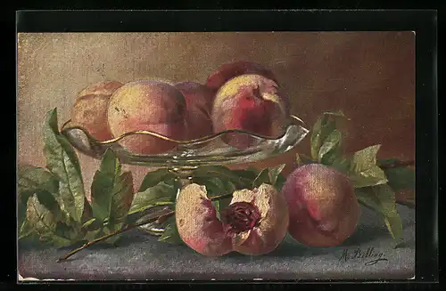 Künstler-AK M. Billing: Reife Pfirsiche in einer Glasschale