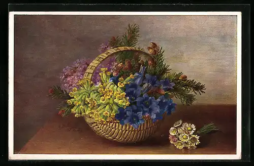 Künstler-AK M. Billing: Alpenblumen in einem Korb