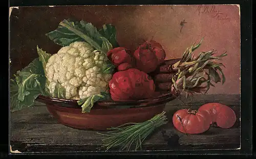 Künstler-AK M. Billing: Stilleben mit Blumenkohl und Tomaten