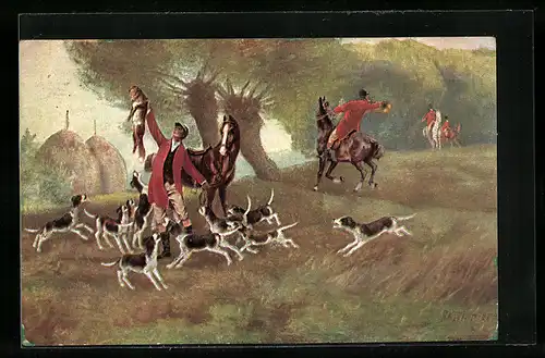 Künstler-AK Robert Kämmerer: Jäger auf Fuchsjagd mit gefangenem Fuchs