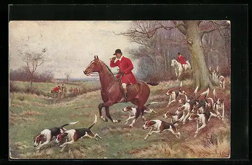 Künstler-AK Jagdhunde folgen dem Reiter