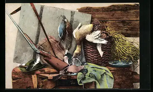 AK Jagdstillleben, abgeschossenes Federwild mit den Utensilien des Jägers