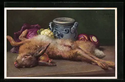 AK Jagdstillleben mit Kaninchen und Blumenkohl