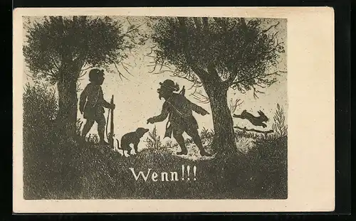 AK Schattenbild, Wenn!, Zwei Jäger mit kackendem Hund und davonlaufendem Hasen, Jagdhumor