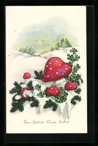 Künstler-AK Pilze in einer Winterlandschaft