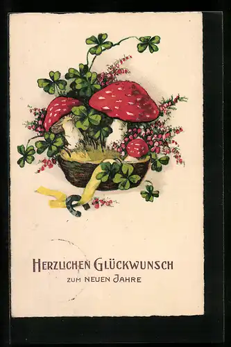Künstler-AK Neujahresgruss, Korb mit Pilzen, Hufeisen und Klee