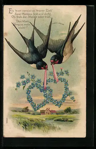 AK Zwei Schwalben halten Herzen aus Vergissmeinnicht im Schnabel, Blumenbild