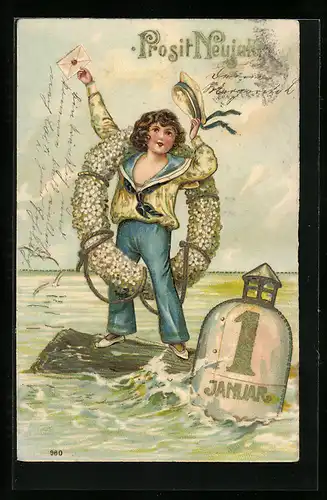 Präge-AK Blumenbild, Matrosin mit Blumenkranz