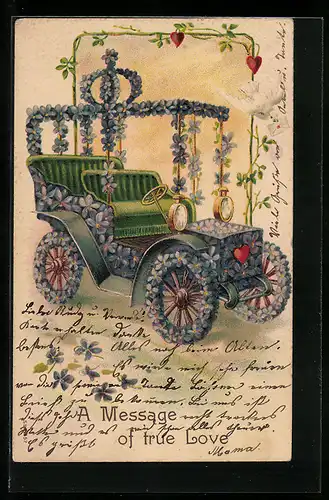 Präge-AK Blumenbild, Auto geschmückt mit blauen Blumen