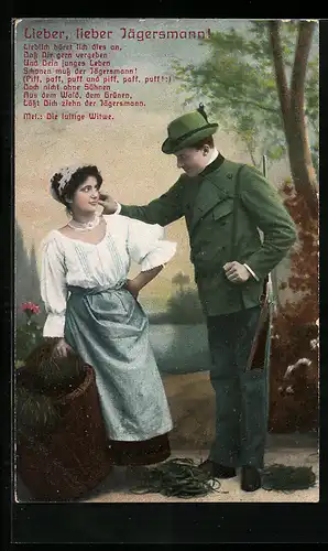Künstler-AK Jäger mit Gewehr bei einer jungen Dame