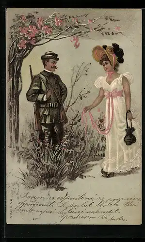 AK Jäger mit seiner Geliebten unter Blumen